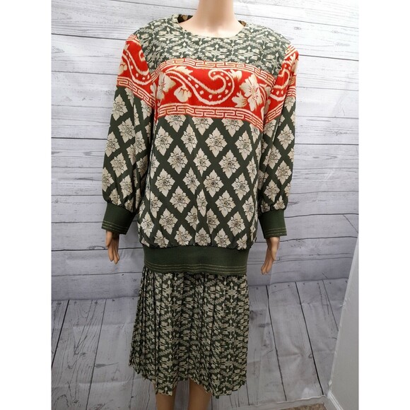 Jo Hanna York By Joan Davis Dresses & Skirts - Vtg Jo Hanna York By Joan Davis Floral Outfit Skirt Top Suit Set Green Red Sz 18